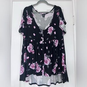 Torrid Black and Pink Floral Baby Doll Top